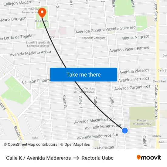 Calle K / Avenida Madereros to Rectoría Uabc map