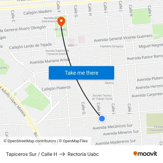Tapiceros Sur / Calle H to Rectoría Uabc map