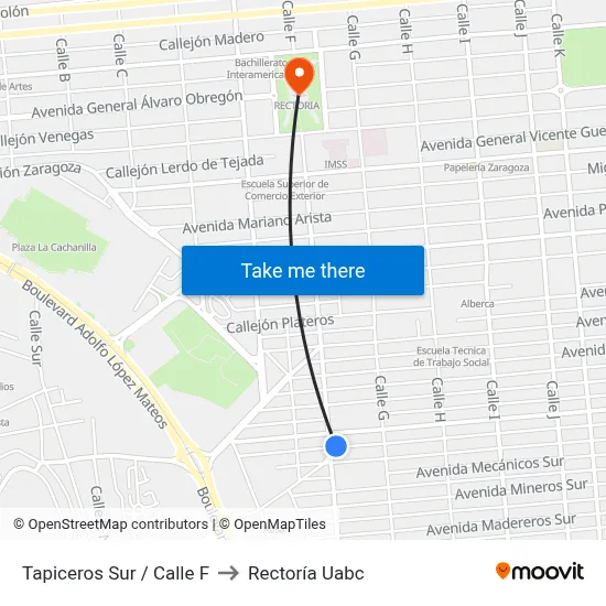 Tapiceros Sur / Calle F to Rectoría Uabc map