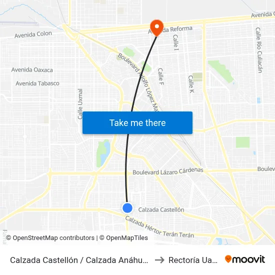 Calzada Castellón / Calzada Anáhuac to Rectoría Uabc map