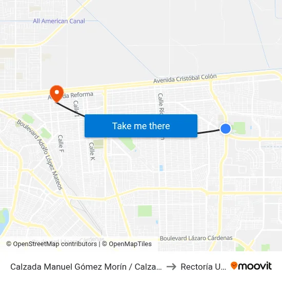 Calzada Manuel Gómez Morín / Calzada Cetys to Rectoría Uabc map
