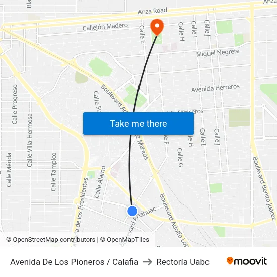 Avenida De Los Pioneros / Calafia to Rectoría Uabc map