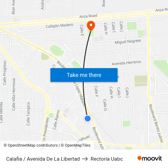 Calafia / Avenida De La Libertad to Rectoría Uabc map
