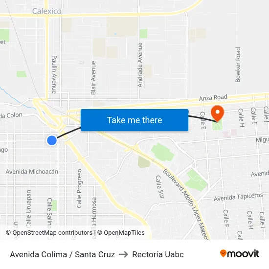 Avenida Colima / Santa Cruz to Rectoría Uabc map