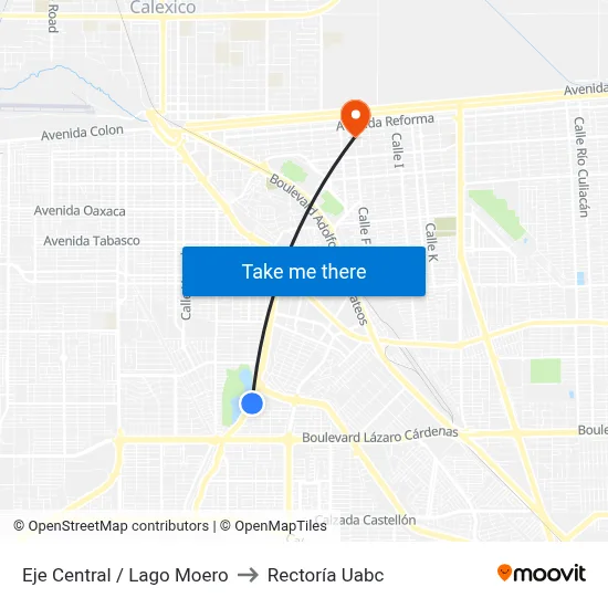 Eje Central / Lago Moero to Rectoría Uabc map