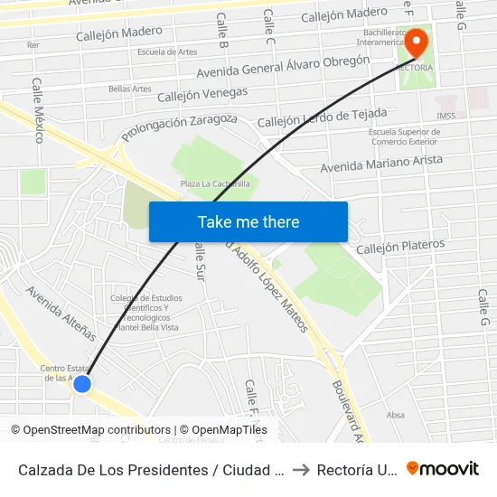 Calzada De Los Presidentes / Ciudad Victoria to Rectoría Uabc map