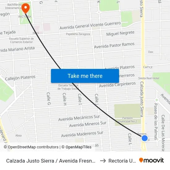 Calzada Justo Sierra / Avenida Fresnos Norte to Rectoría Uabc map