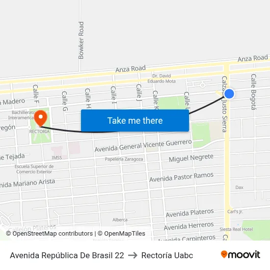 Avenida República De Brasil 22 to Rectoría Uabc map