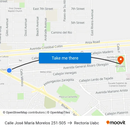 Calle José María Morelos 251-505 to Rectoría Uabc map