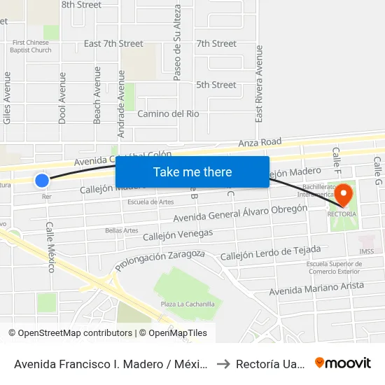 Avenida Francisco I. Madero / México to Rectoría Uabc map