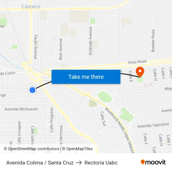 Avenida Colima / Santa Cruz to Rectoría Uabc map