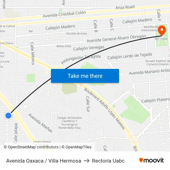 Avenida Oaxaca / Villa Hermosa to Rectoría Uabc map