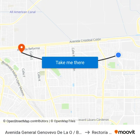 Avenida General Genovevo De La O / Bernardo Reyes to Rectoría Uabc map