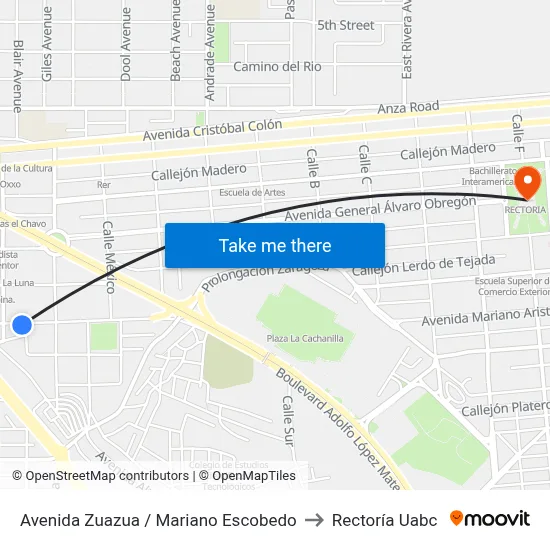 Avenida Zuazua / Mariano Escobedo to Rectoría Uabc map