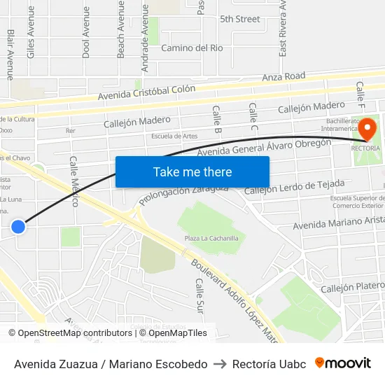 Avenida Zuazua / Mariano Escobedo to Rectoría Uabc map