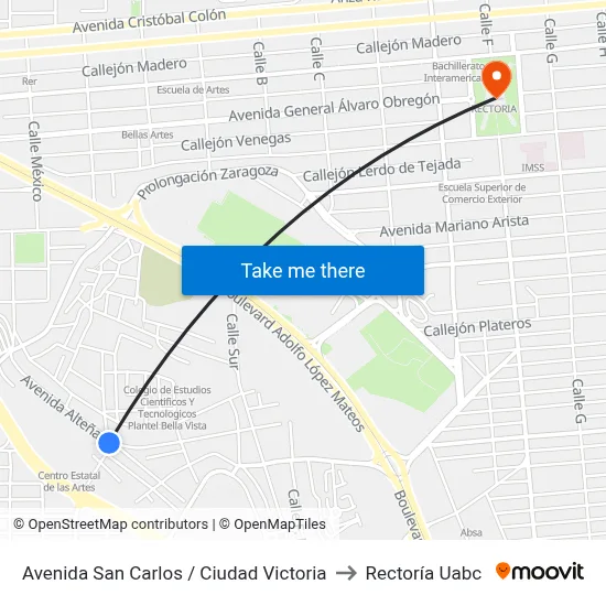 Avenida San Carlos / Ciudad Victoria to Rectoría Uabc map