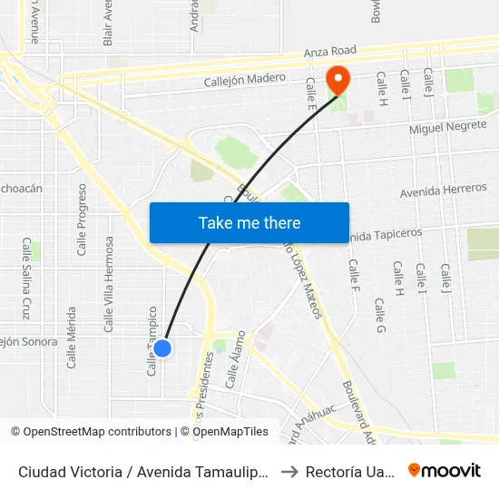 Ciudad Victoria / Avenida Tamaulipas to Rectoría Uabc map