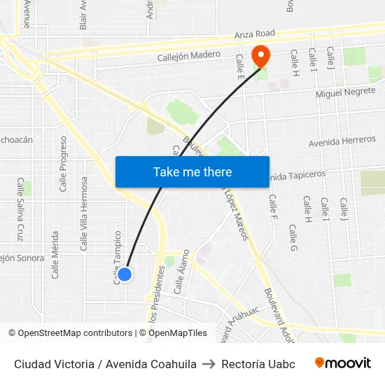 Ciudad Victoria / Avenida Coahuila to Rectoría Uabc map