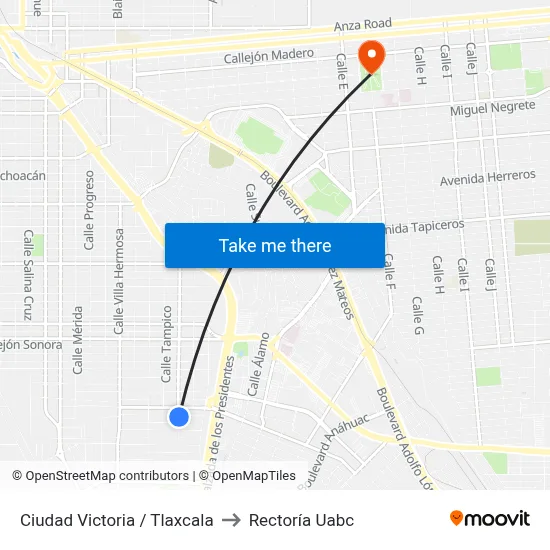 Ciudad Victoria / Tlaxcala to Rectoría Uabc map