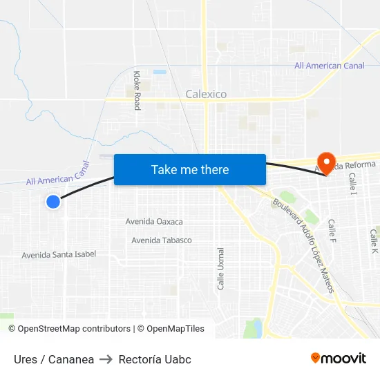 Ures / Cananea to Rectoría Uabc map