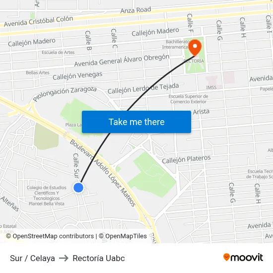 Sur / Celaya to Rectoría Uabc map