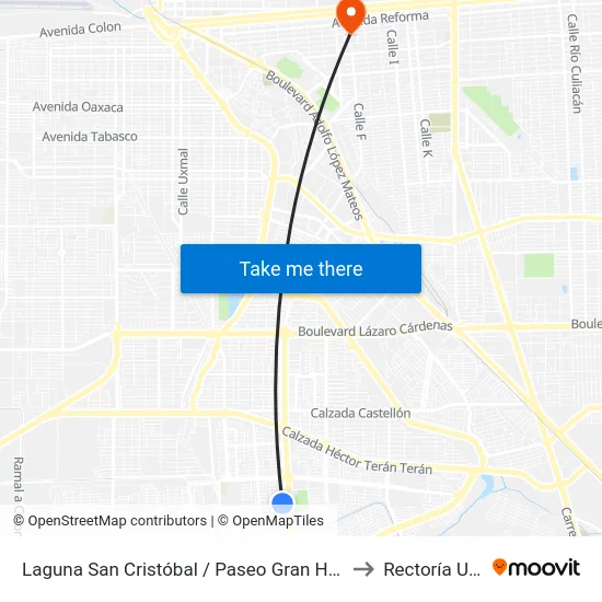 Laguna San Cristóbal / Paseo Gran Hacienda to Rectoría Uabc map