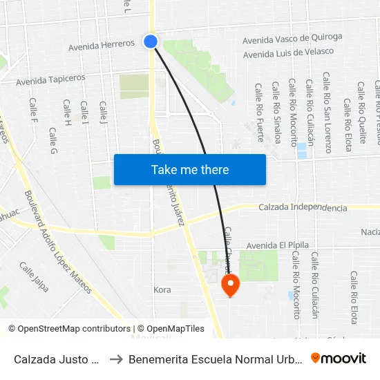 Calzada Justo Sierra, 950_1 to Benemerita Escuela Normal Urbana Federal Fronteriza map