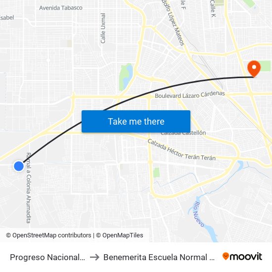 Progreso Nacional / Luis Echeverría to Benemerita Escuela Normal Urbana Federal Fronteriza map