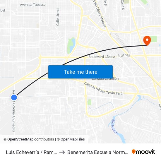 Luis Echeverría / Ramal A Colonia Ahumadita to Benemerita Escuela Normal Urbana Federal Fronteriza map