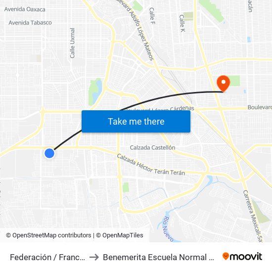 Federación / Francisco Moctezuma to Benemerita Escuela Normal Urbana Federal Fronteriza map