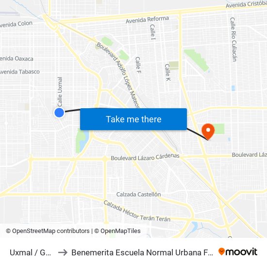 Uxmal / Guasave to Benemerita Escuela Normal Urbana Federal Fronteriza map