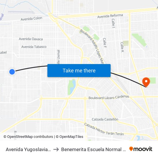 Avenida Yugoslavia / Avenida España to Benemerita Escuela Normal Urbana Federal Fronteriza map