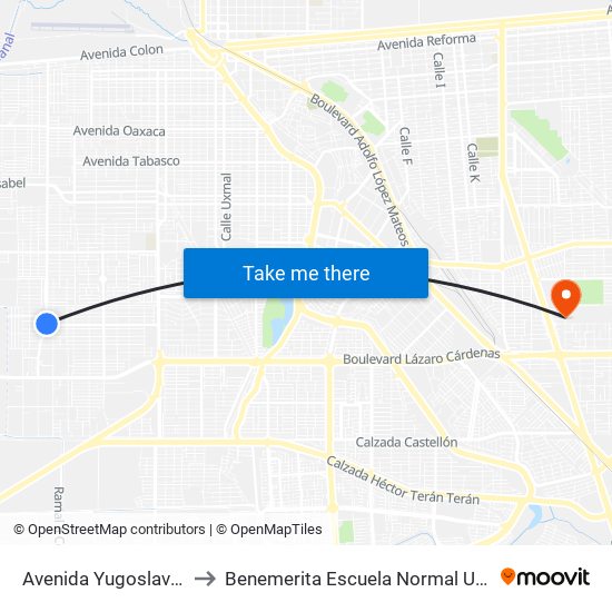 Avenida Yugoslavia / Universidad to Benemerita Escuela Normal Urbana Federal Fronteriza map