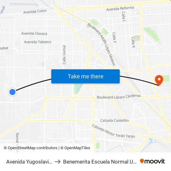 Avenida Yugoslavia / Veterinarios to Benemerita Escuela Normal Urbana Federal Fronteriza map