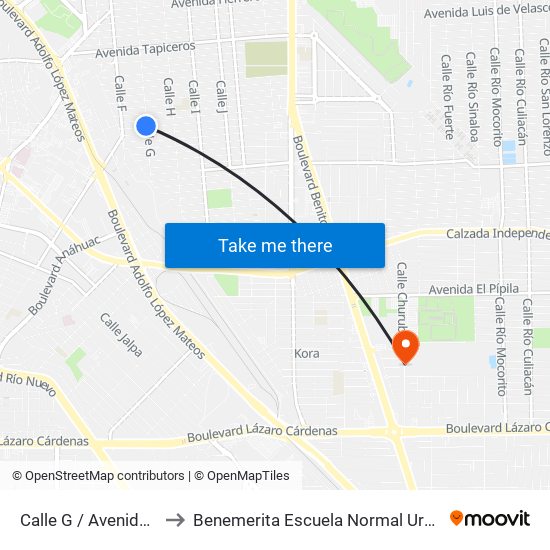 Calle G / Avenida Electricistas to Benemerita Escuela Normal Urbana Federal Fronteriza map