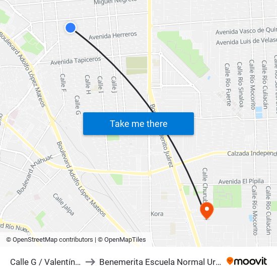 Calle G / Valentín Gómez Farias to Benemerita Escuela Normal Urbana Federal Fronteriza map