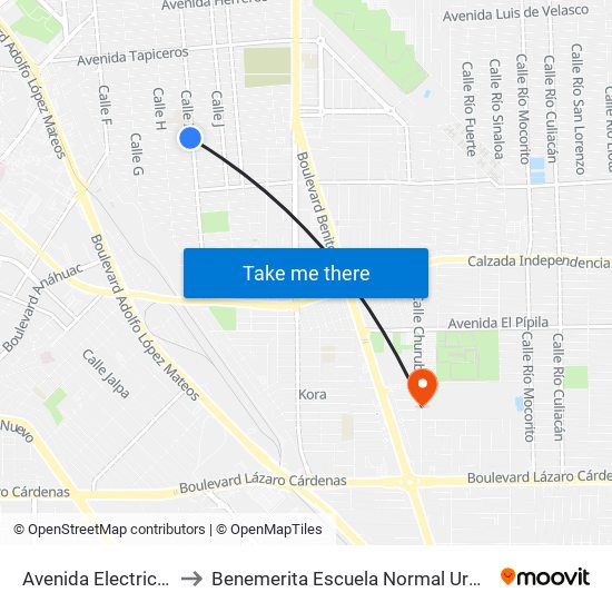 Avenida Electricistas / Calle I to Benemerita Escuela Normal Urbana Federal Fronteriza map