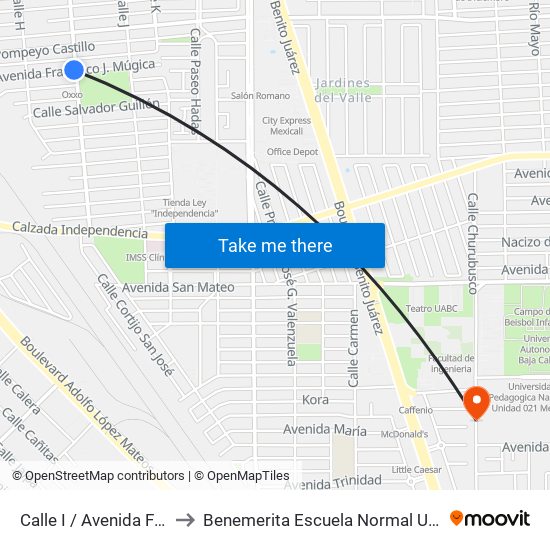 Calle I / Avenida Francisco Mujica to Benemerita Escuela Normal Urbana Federal Fronteriza map