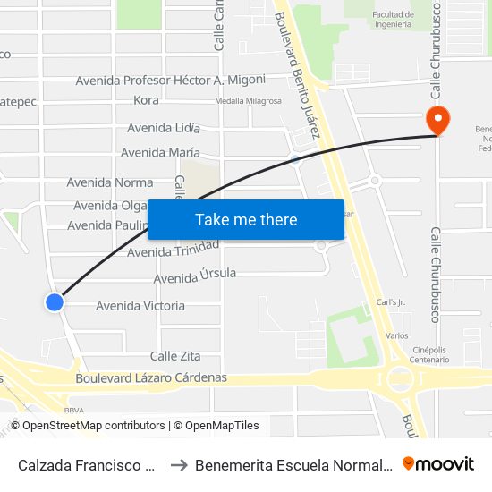 Calzada Francisco Montejano / Victoria to Benemerita Escuela Normal Urbana Federal Fronteriza map