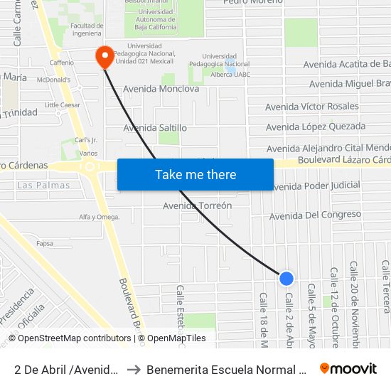 2 De Abril /Avenida Constituyentes to Benemerita Escuela Normal Urbana Federal Fronteriza map