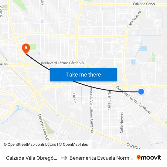 Calzada Villa Obregón / Avenida Río Gambia to Benemerita Escuela Normal Urbana Federal Fronteriza map