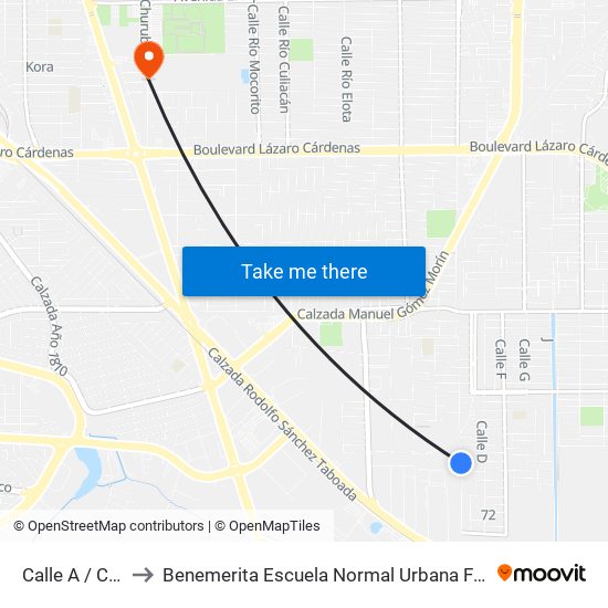 Calle A / Calle 79 to Benemerita Escuela Normal Urbana Federal Fronteriza map