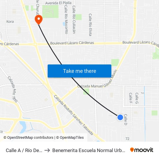 Calle A / Río De Las Cañas to Benemerita Escuela Normal Urbana Federal Fronteriza map