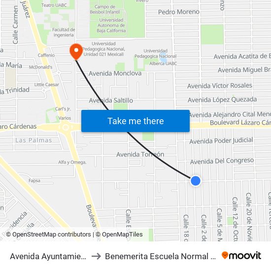 Avenida Ayuntamiento / 21 De Marzo to Benemerita Escuela Normal Urbana Federal Fronteriza map