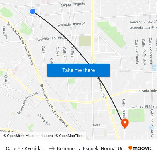 Calle E / Avenida Mariano Arista to Benemerita Escuela Normal Urbana Federal Fronteriza map