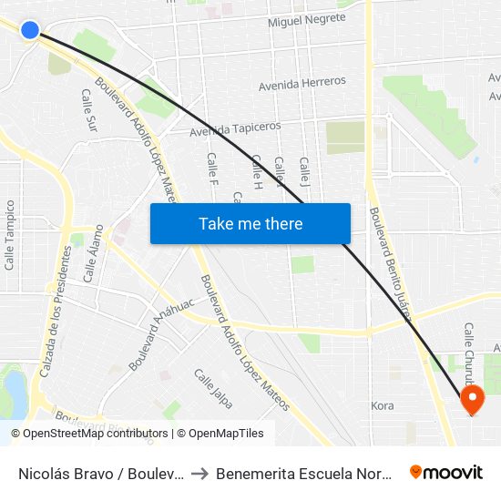Nicolás Bravo / Boulevard Adolfo López Mateos to Benemerita Escuela Normal Urbana Federal Fronteriza map