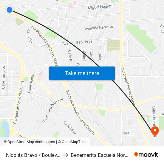 Nicolás Bravo / Boulevard Adolfo López Mateos to Benemerita Escuela Normal Urbana Federal Fronteriza map