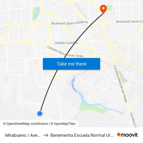 Mirabueno / Avenida Burguete to Benemerita Escuela Normal Urbana Federal Fronteriza map