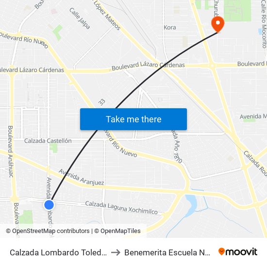 Calzada Lombardo Toledano / Calzada Laguna Xochimilco to Benemerita Escuela Normal Urbana Federal Fronteriza map