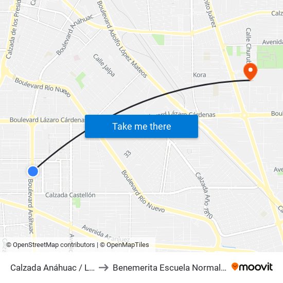 Calzada Anáhuac / Leobardo De La Cruz to Benemerita Escuela Normal Urbana Federal Fronteriza map